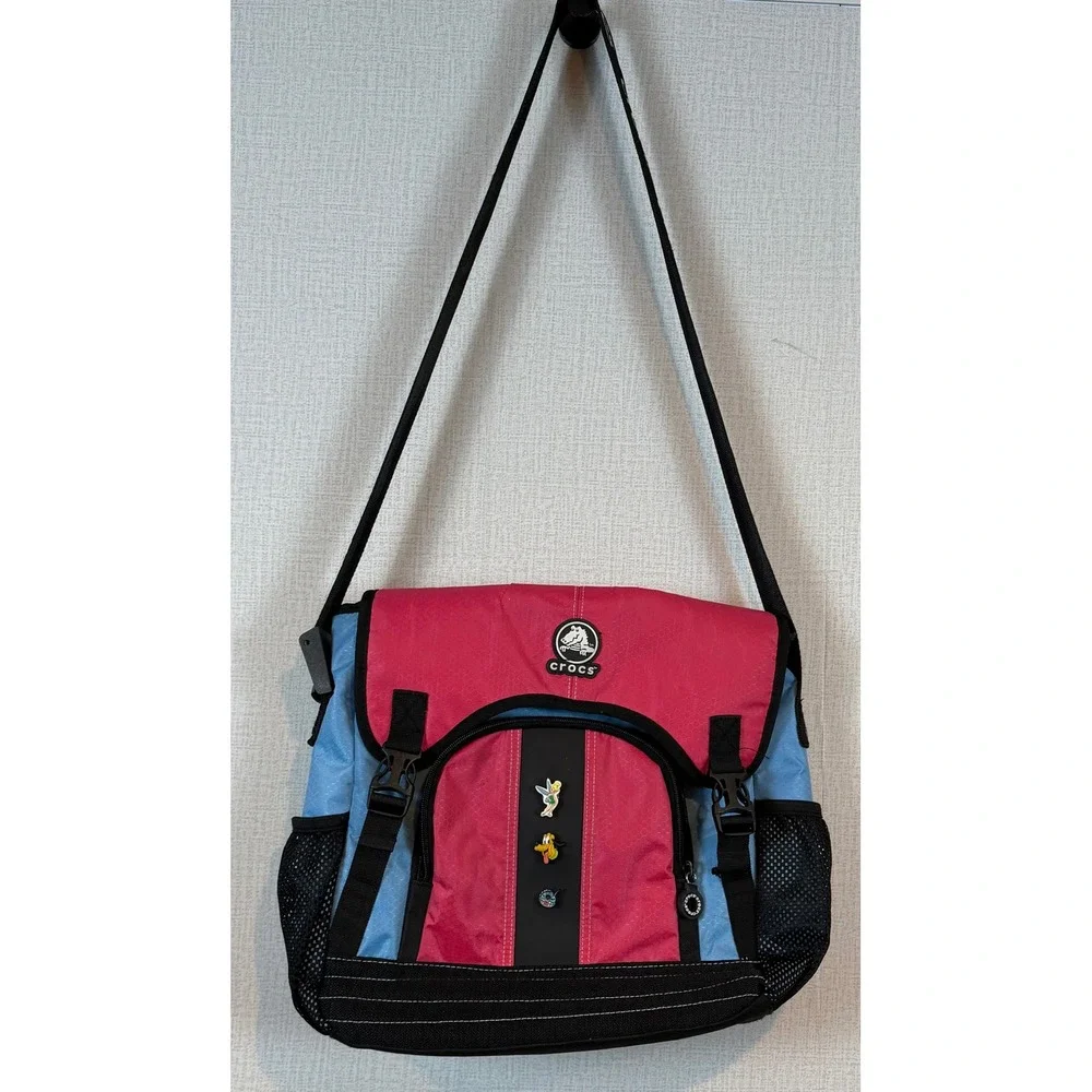 Crocs Messenger Bag Pink Blue Ripstop Nylon Disney Jibbitz Charms Crossbody Y2K